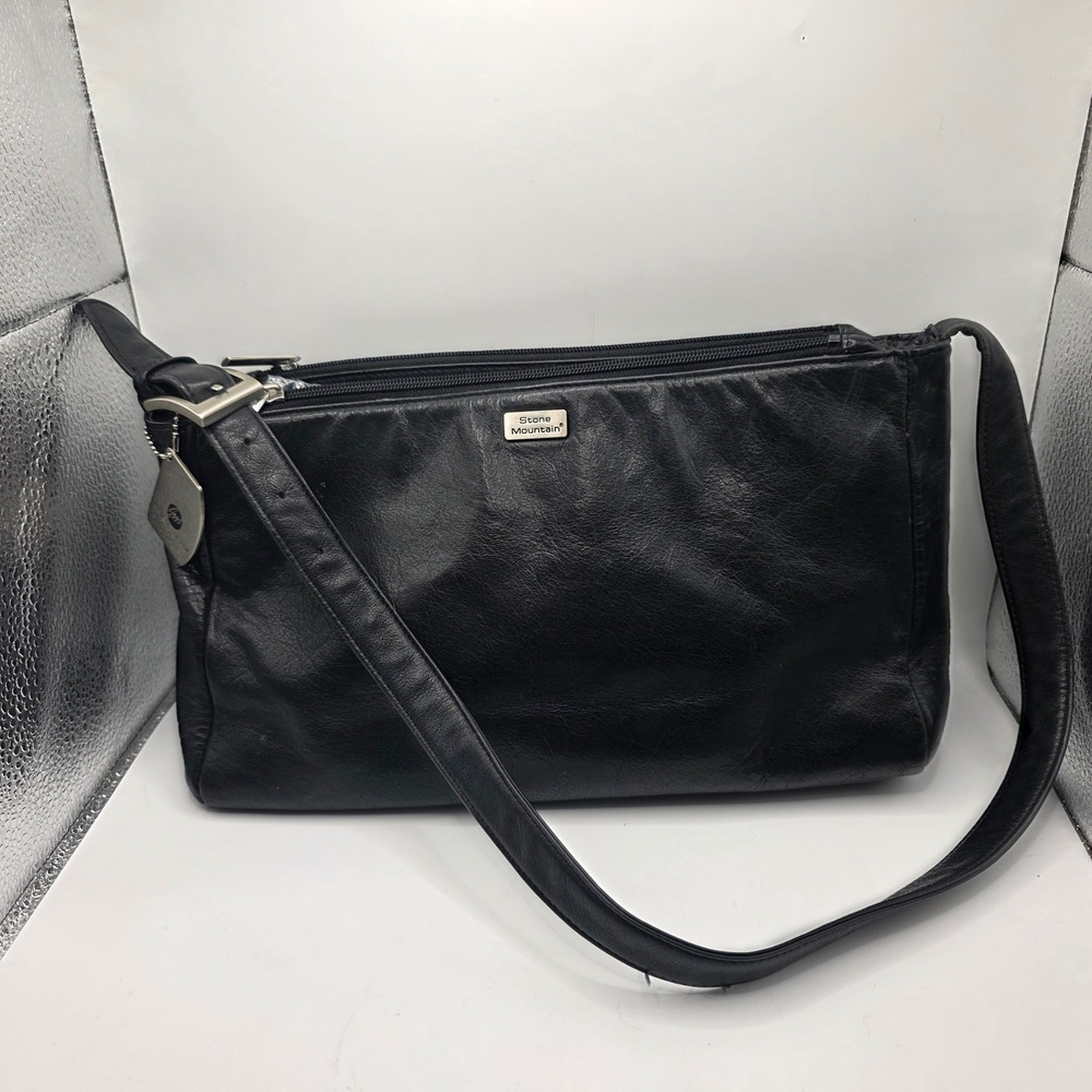 Stone Mountain Black Leather Crossbody Bag‎ Triple Zip Organizer Purse Womens